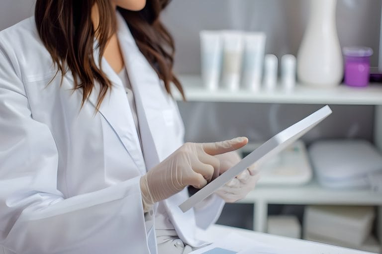 médica clínica de beleza utiliza tablet com sistema